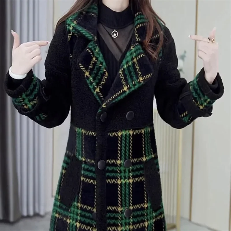 Add Fleece Thick Plaid Wool Coat Feminine Slimming Autumn/Winter 2022 Fashion Everything Slim Lamb Wool Coat Button Commuting X4