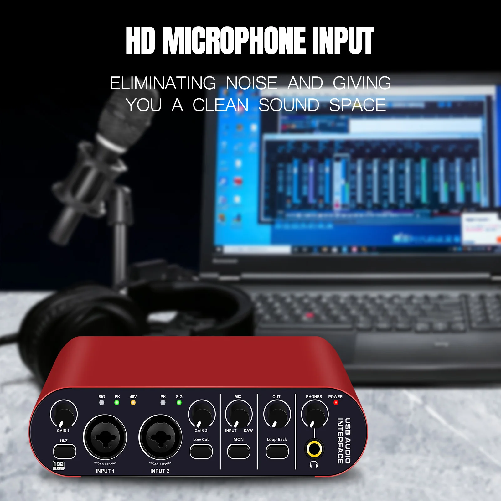 Audio interface 24bit/192 kHz + 48V phantom power supply for recording podcasts and streaming ultra-low latency noise free