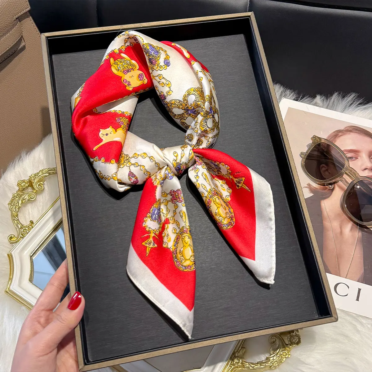 Luxury Butterfly Print 70*70cm Square Scarf Women Soft Satin Hairband Neckerchief Tie Female Headband Foulard Bag Ribbon Gift