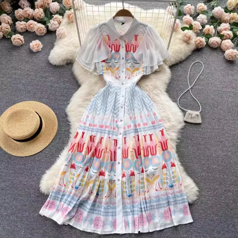 

Women's Spring Summer Short Sleeve Print Dress Female High Waist Chic Party A-line Vacation Dress TB1537