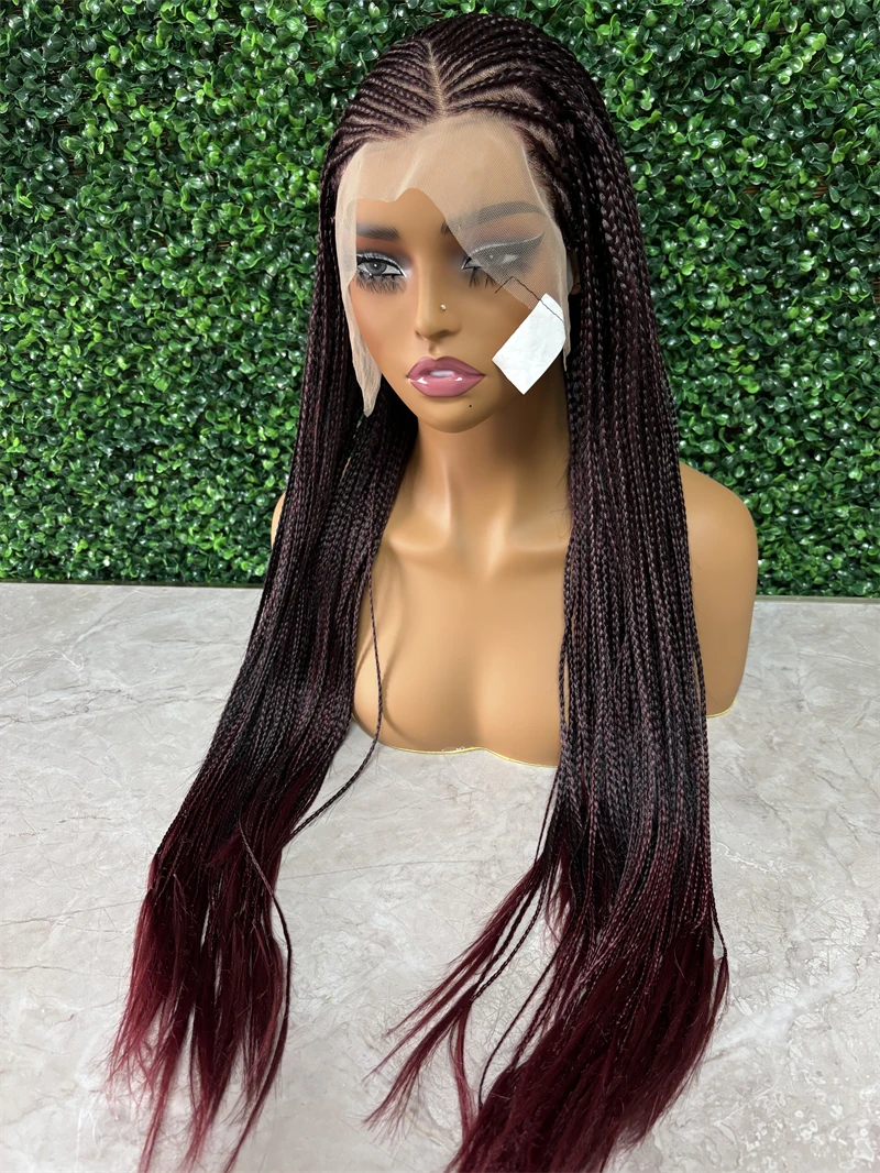 Fashion Lace Closure Braided Wigs Straight 1B/99J Synthetic Knotless Box Crochet Braids Hair Wig for Black Women Pre Plucked