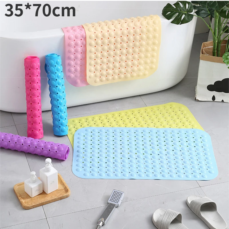 Rectangular rubber tub shower mat with blue heart suckers