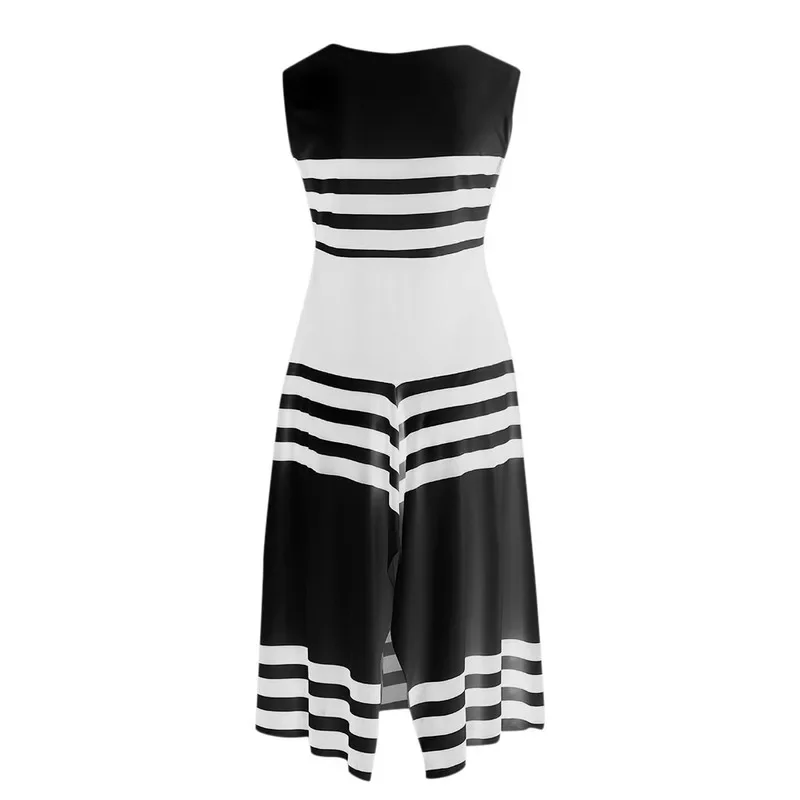 

Sleeveless Casual Ladies Round Neck Mid-length Dress 2024 New Ladies Summer Black and White Striped Irregular A-line Dress