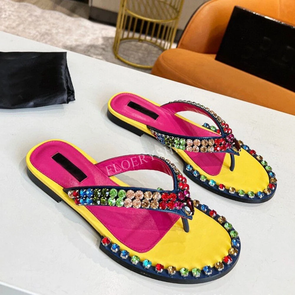 

Luxury Colorful Rhinestone Flat Slippers News Summer Women Round Toe Party Luxury Flip Flops Fashion Outer Shoes Free Shipping