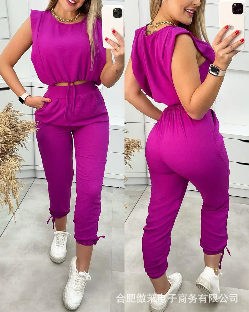 Women's Tracksuit 2022 Summer New Women's Purple Casual Sport Suit Spot fashion Sleeveless Short Top & Pocket Pants Set fitnes knit rib summer suit women s tracksuit solid sleeveless tank top leggings sweatsuit activewear sport outfit two piece set