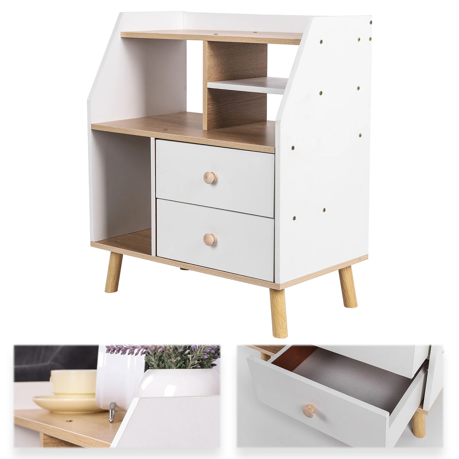 Wooden Bedside Table with 2 Drawers for Living Room and Office