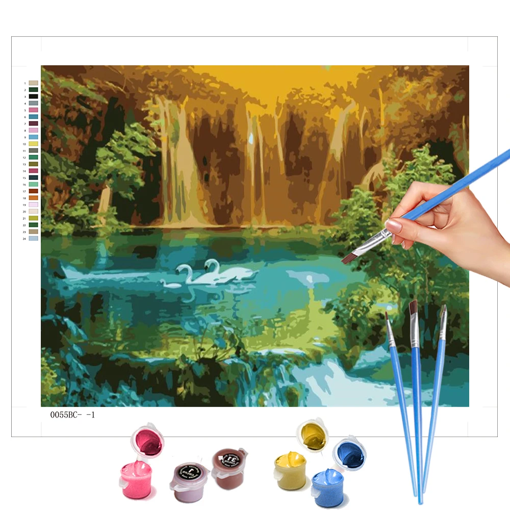 

AZQSD Цифровая живопись Водопад Пейзаж Лебедь Домашний декор 60x75cm Рамка Закат Акриловое полотно Художественные работы