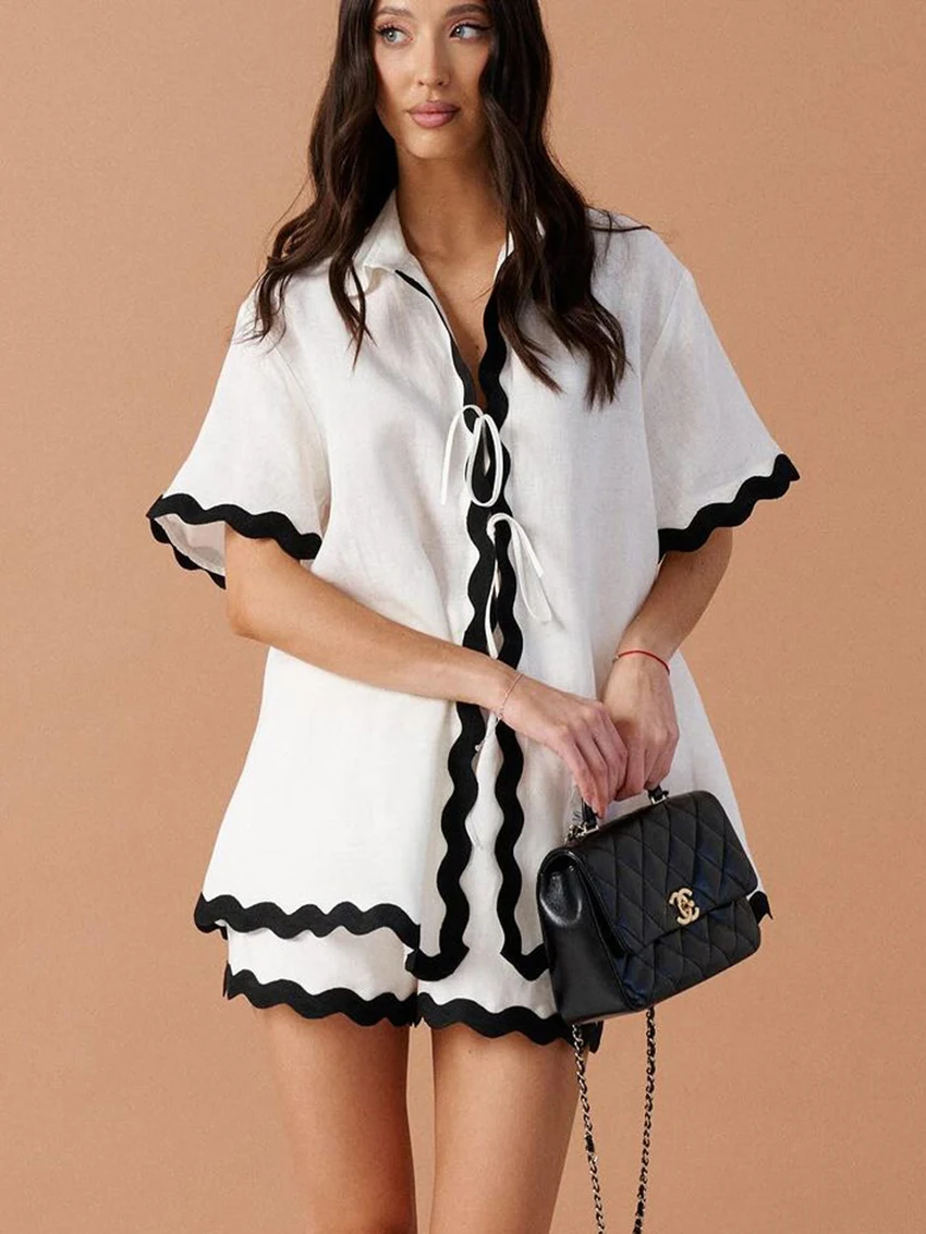 Marthaqiqi Cotton Female Nightgowns Suit Turn-Down Collar Sleepwear Half Sleeve Pajamas Shorts Casual Home Clothes Women Summer