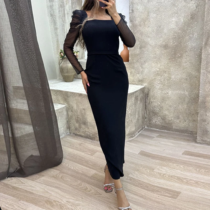 

Sexy Square Collar Slim Bodycon Hips Dress Women Spring Spliced Puff Long Sleeve Mesh Party Dress Autumn Solid Hollow Long Dress