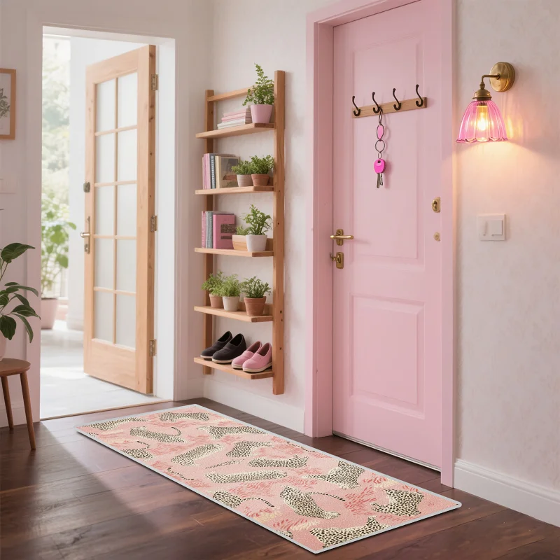 VIKAMA 핑크 레오파드 프린트 러너 러그 관리가 쉬운 입구 복도 매트 침실, 주방 및 발코니 미끄럼 방지 러그 홈 데코레이션