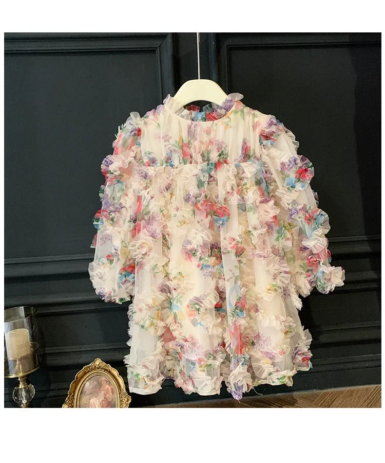Mädchen Freizeit kleider Blumen druck Mesh Puff ärmel Prinzessin Kleid Blumen mädchen Kleider für Hochzeiten Kinder Kleider für Mädchen – Detail 7