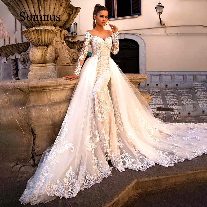 Sumnus Luxury Mermaid Wedding Dress Long Sleeve Detachable Train Bride Gowns  Exquisite Lace Wedding Dresses For Women 2022 Bride - Wedding Dresses -  AliExpress
