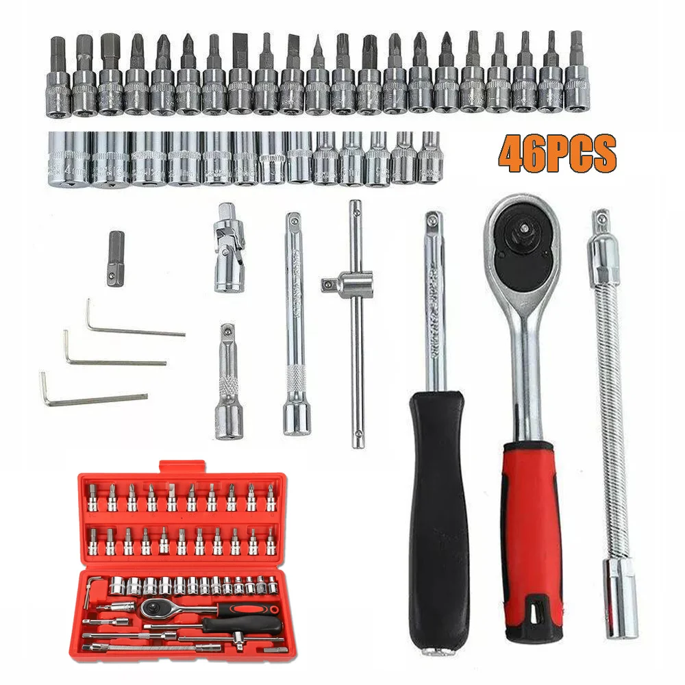 46PC Socket Set 1/4" Drive Metric Ratchet Wrench Spanner Car Repair Tool Kit Box, Resistant Socket Wrench Kit & Sturdy Case