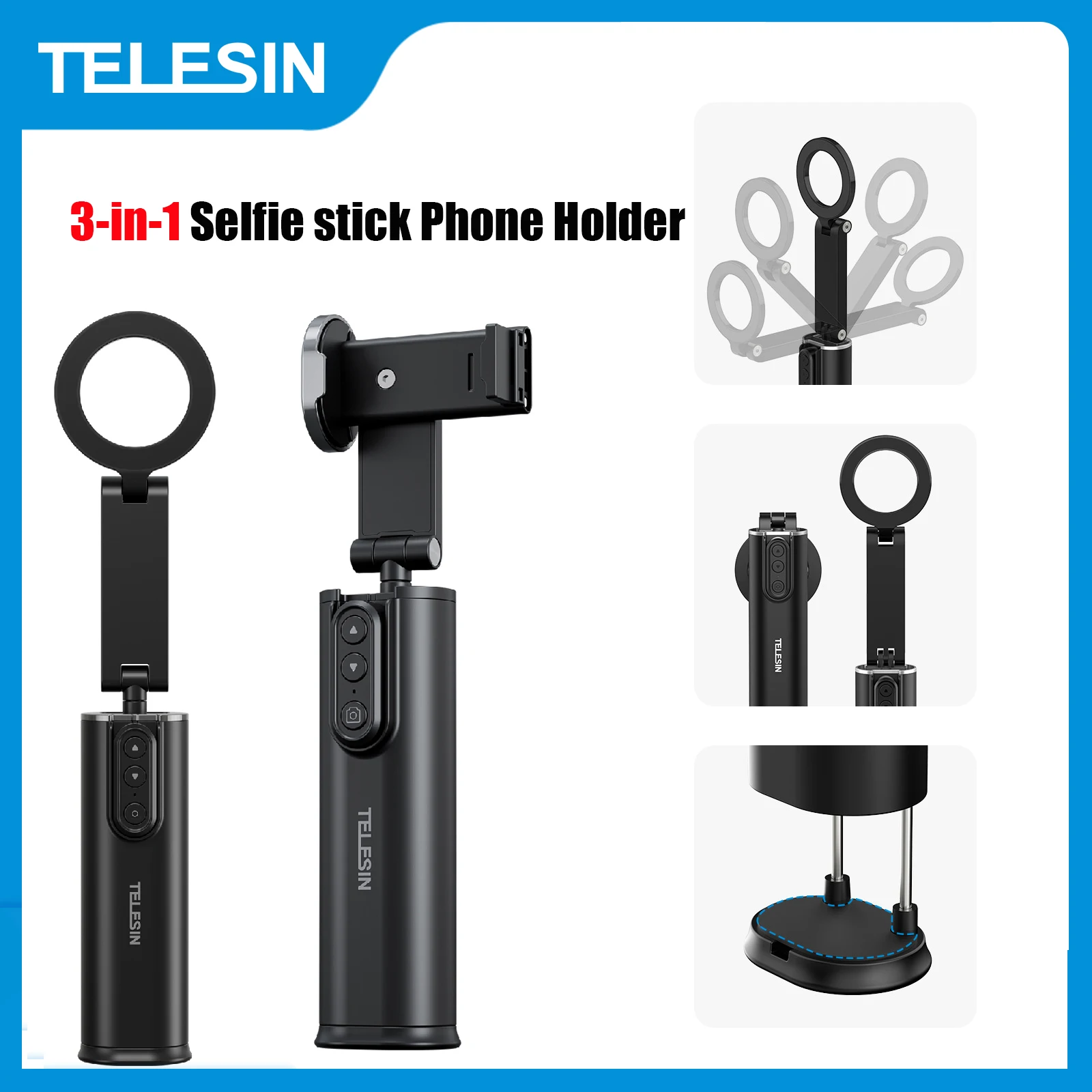TELESIN 3 in 1 Selfie stick Phone Holder Wireless Remote Control Travel Clamp Magnetic 360&deg; rotation Holder Brackets