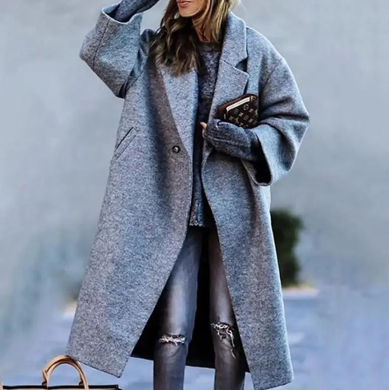 

Autumn Color Checkered Long Sleeved Lapel Printed Woolen Coat For Women