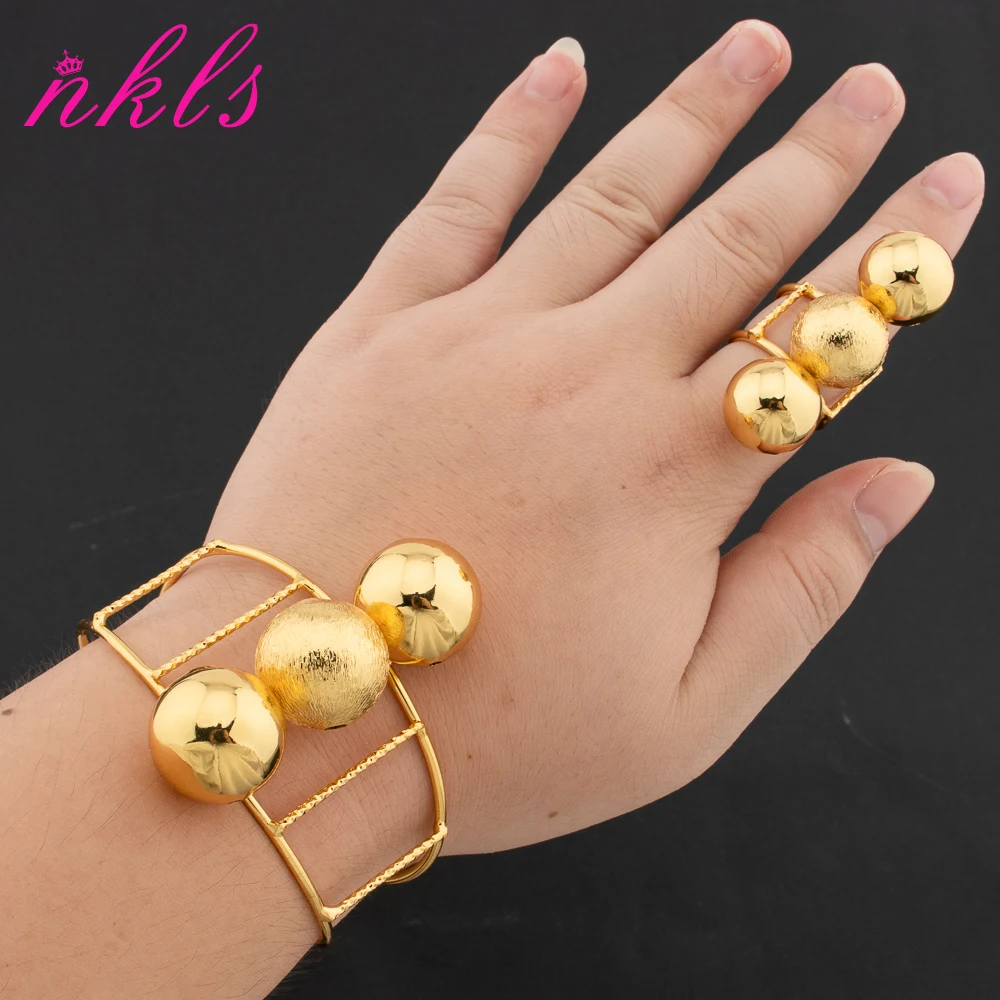 

18K Gold Color Cuff Bangle with Ring Set Dubai Round Beads Design Luxury Italian African Bracelet Wedding Daily Wear Jewelry