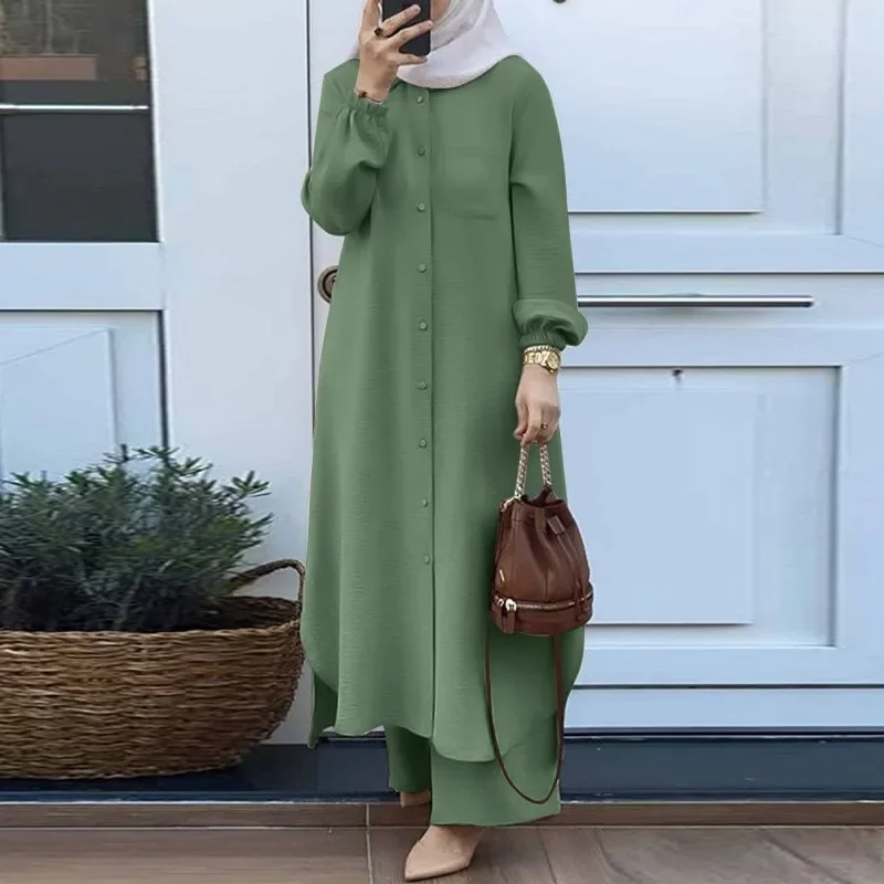 Muslim style two-piece women's long sleeved shirt and pants set, long robe dress, ball dress abayas for women prom dress  abaya