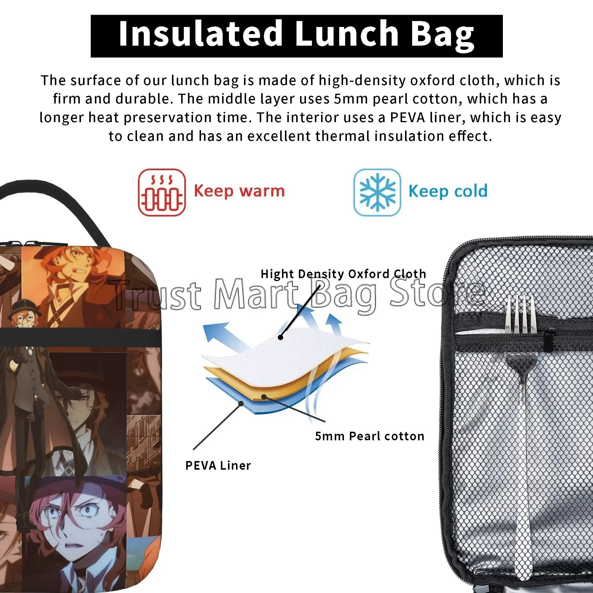 Bungou Stray Dogs Nakajima Atsushi TV Series Chuuya Nakahara Insulated Lunch Bag Reusable Portable Thermal Lunch Box Bento Tote