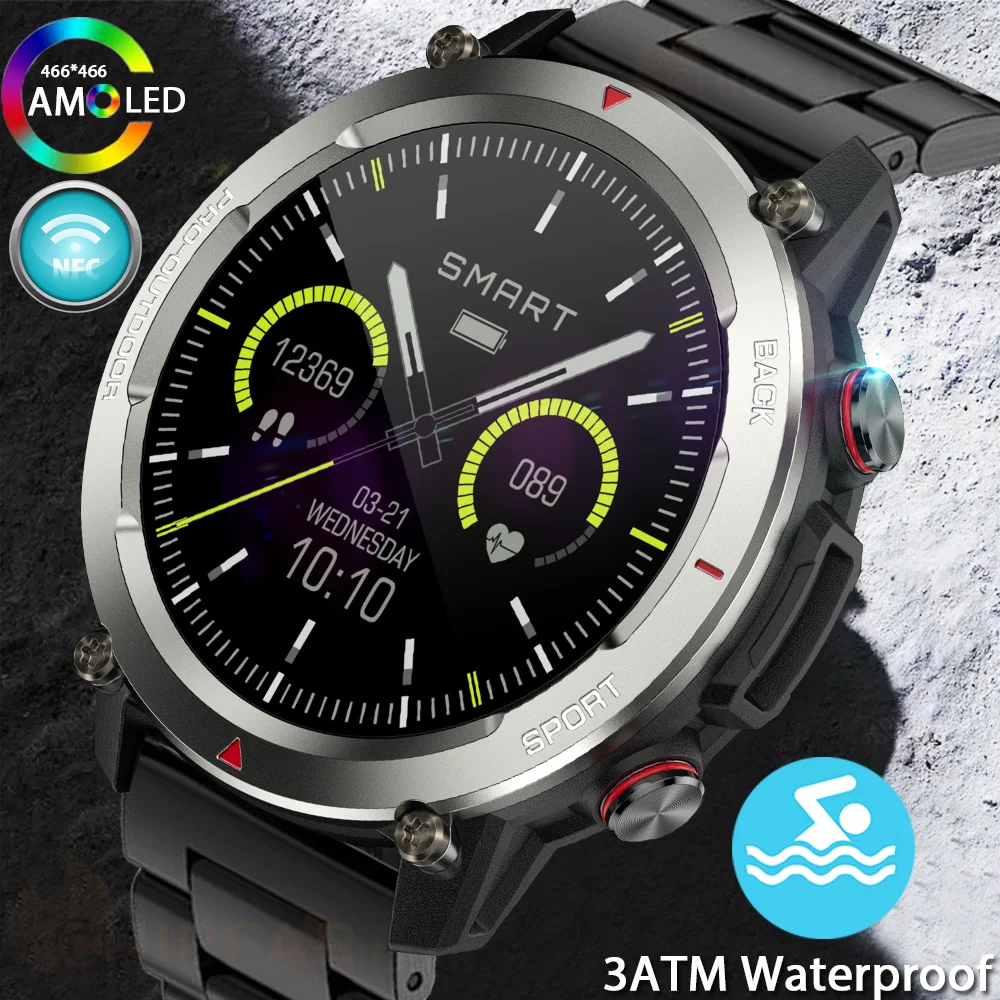 

3ATM Waterproof Sport Smart Watch 1.43'' 466*466 AMOLED HD Screen Always Show Time 500mAh Battery NFC Bluetooth Call Smartwatch