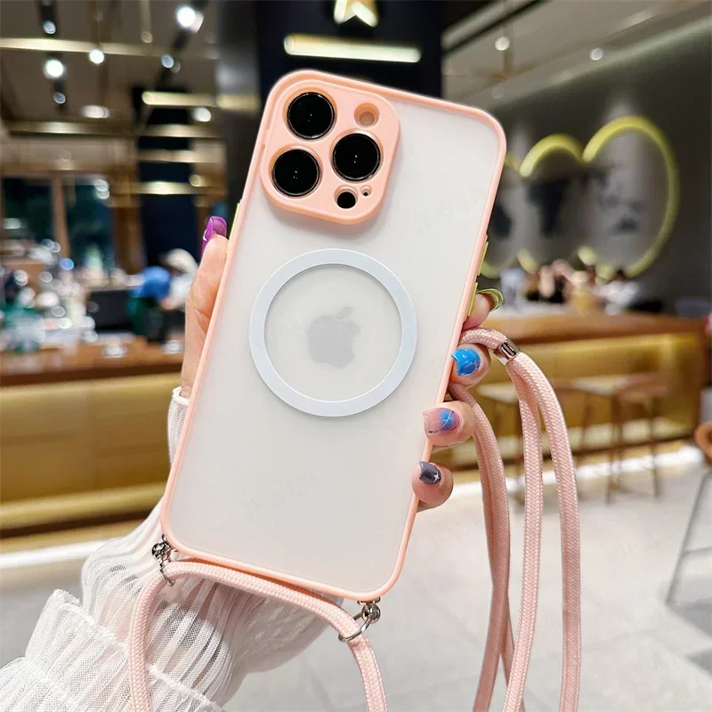 Crossbody Lanyard Matte Hard Magnetic Phone Case with Magsafe Back Cover