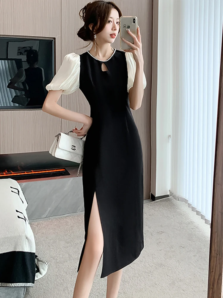 Summer Black Patchwork Puff Sleeve Beading Luxury Dress Women 