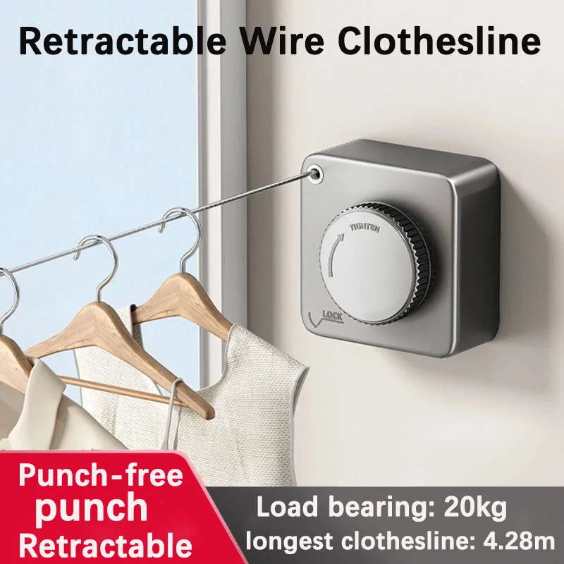 

Punch Free Retractable Wire Clothesline 20kg Load-bearing Telescopic Wire Rope Rack ForClothes Drying Stainless Steel Home Tools