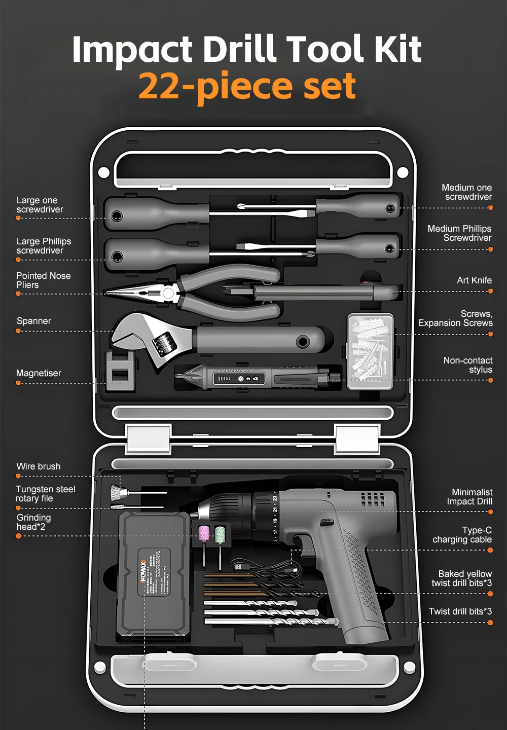 Cordless Drill Tool Set 22PCS Rechargeable Electric Screwdriver Combo Kit Portab