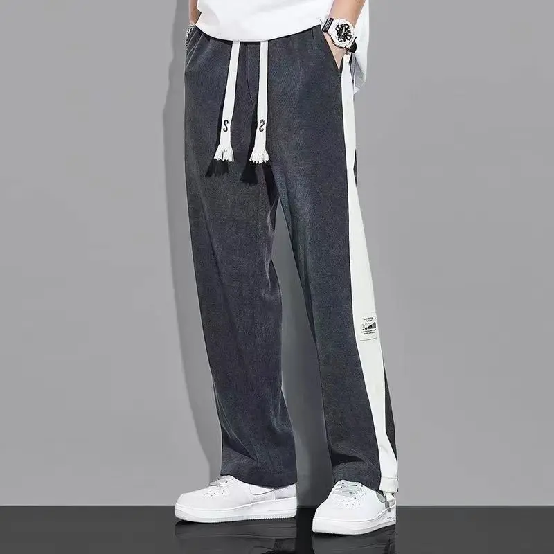 Korean Fashion Summer Quick Drying Loose Straight Pants Men Panelled Elastic Waist Drawstring Pockets Casual Versatile Trousers