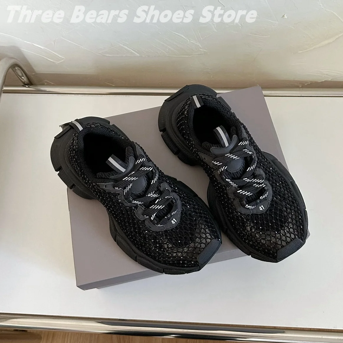 Novelty Mesh Hollow Crystal Patchwork Round-Toes Woman Sneakers Mixed Colors Lace-Up Anti-Slip Platform Heels Zapatillas 35-44 3