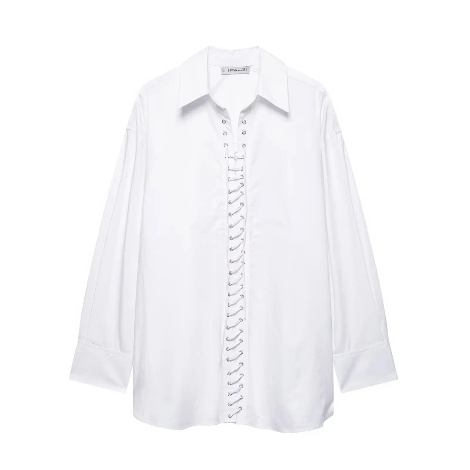 Description Picture 3 of itemTRAFZA Spring Women's Long Sleeves Hollow Lapel Lace Decorate White Blouses Top Woman Fashion Loose Commuting Casual Shirts Top