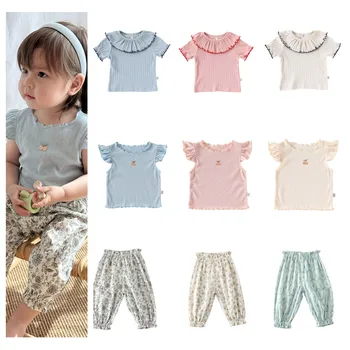 Baby Girls Tees 2025 Summer New Toddler Girls Lace Sleeve Top Baby Bottom T-shirt and Cure Printed Pants 1