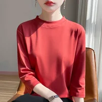 Summer And Autumn New 100% Cotton T-shirt Women's Semi-High-Necked Cropped Sleeves Loose Solid Color Bottoming Top - Image 5