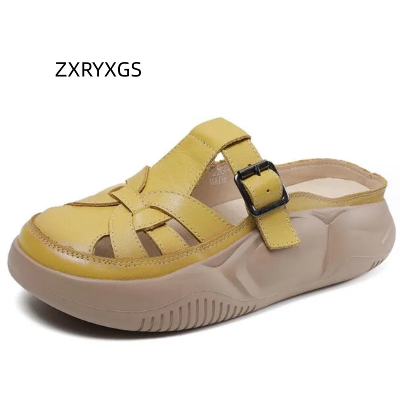 Women Summer Versatile Hole Genuine Leather Slippers
