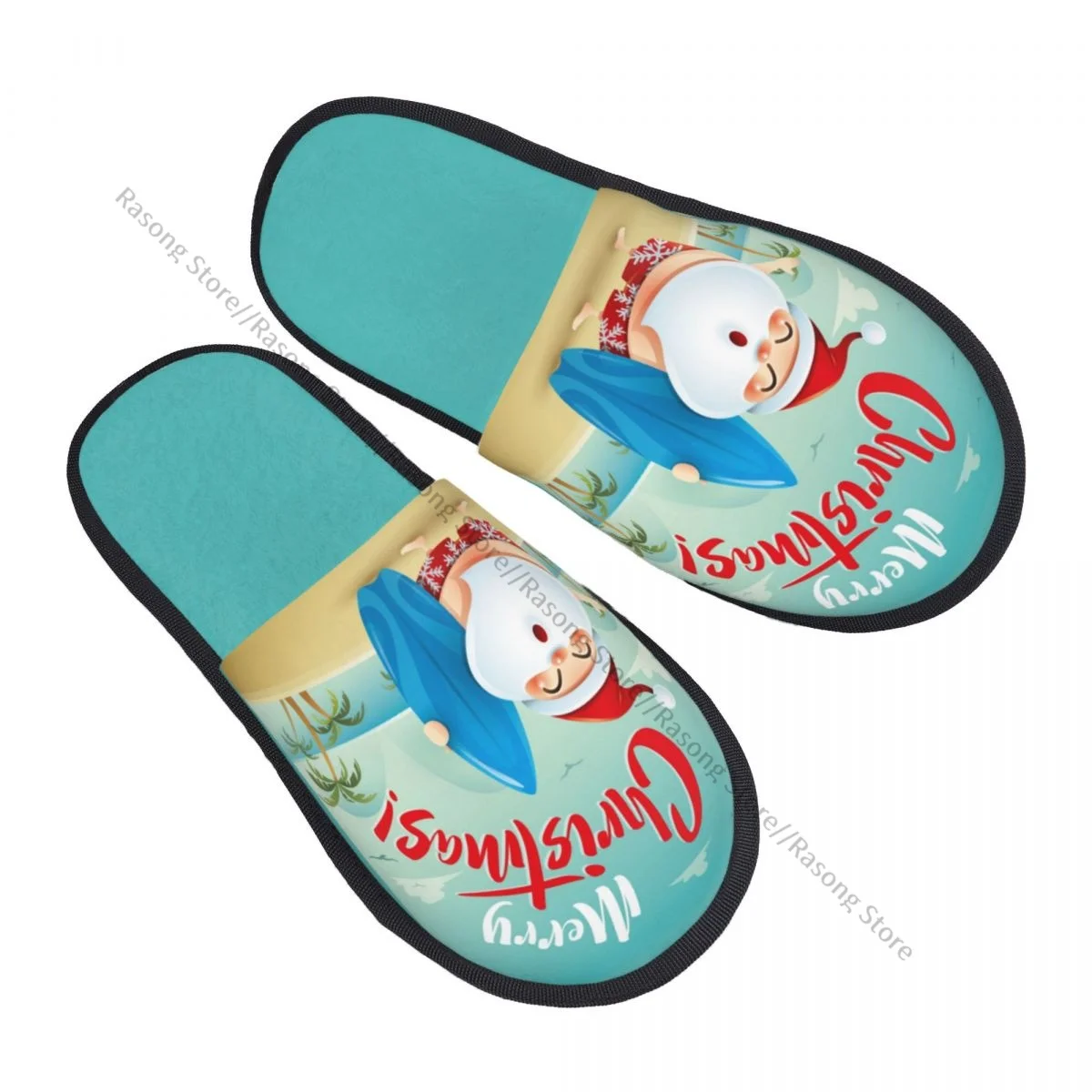 

Indoor Summer Beach Merry Christmas Santa Claus With Surf Board Warm Slippers Home Plush Slippers Home Soft Fluffy Slippers