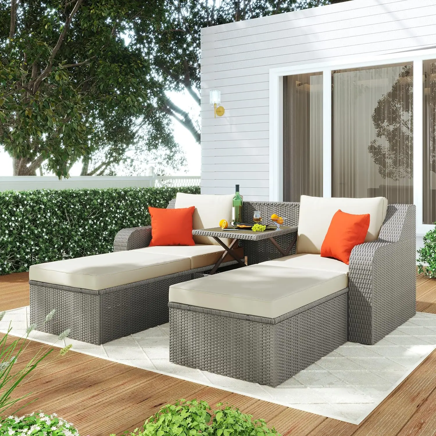 

Outdoor Sectional Lounge Chair, Conversation Sets,3-Piece Patio Wicker Sofa with Cushions, Pillows, Ottomans and Lift Top Coffee