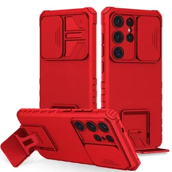 Rugged Armor Kickstand Back Cover with Slide Lens Protection and Bumper - Galaxy S25 (Red)