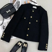 Black Tweed Jackets for Women Fashion Vintage Metal Buckle Design Short Coat Women Korean Elegant Single Breasted Outerwear New 1
