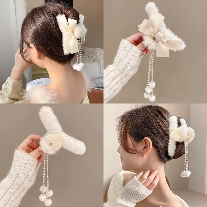Cute Plush Hairpin for Women Long Tassels Design Hair Clips Fashion Bows Heart Hair Claw Korean Girls Accessories Gift 2023