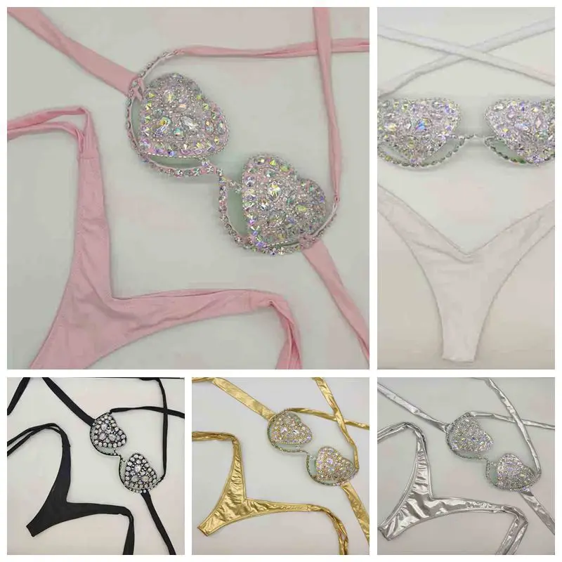 2023 New Hot Diamond Bikini Swimwear Heart Shaped High Waist Lace Up Split Three Point Swimwear Night Club Performance Dress