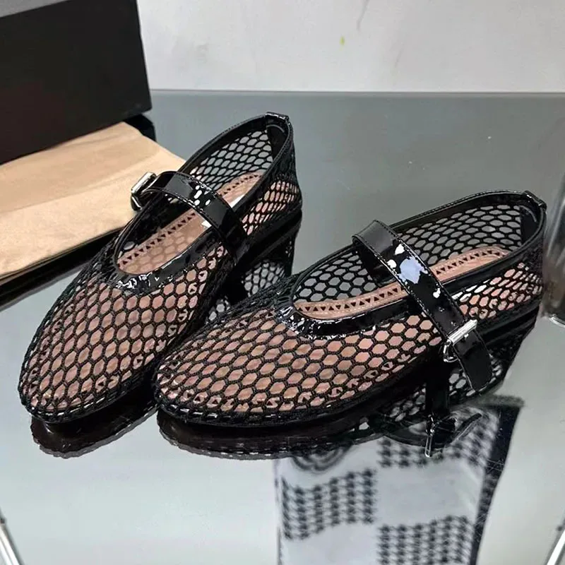 

New Ballet Flat Shoes Woman Mesh Hollow Outs Mary Jane Shoes Genuine Leather Loafers Rivet Studded Summer Walking Shoes Women