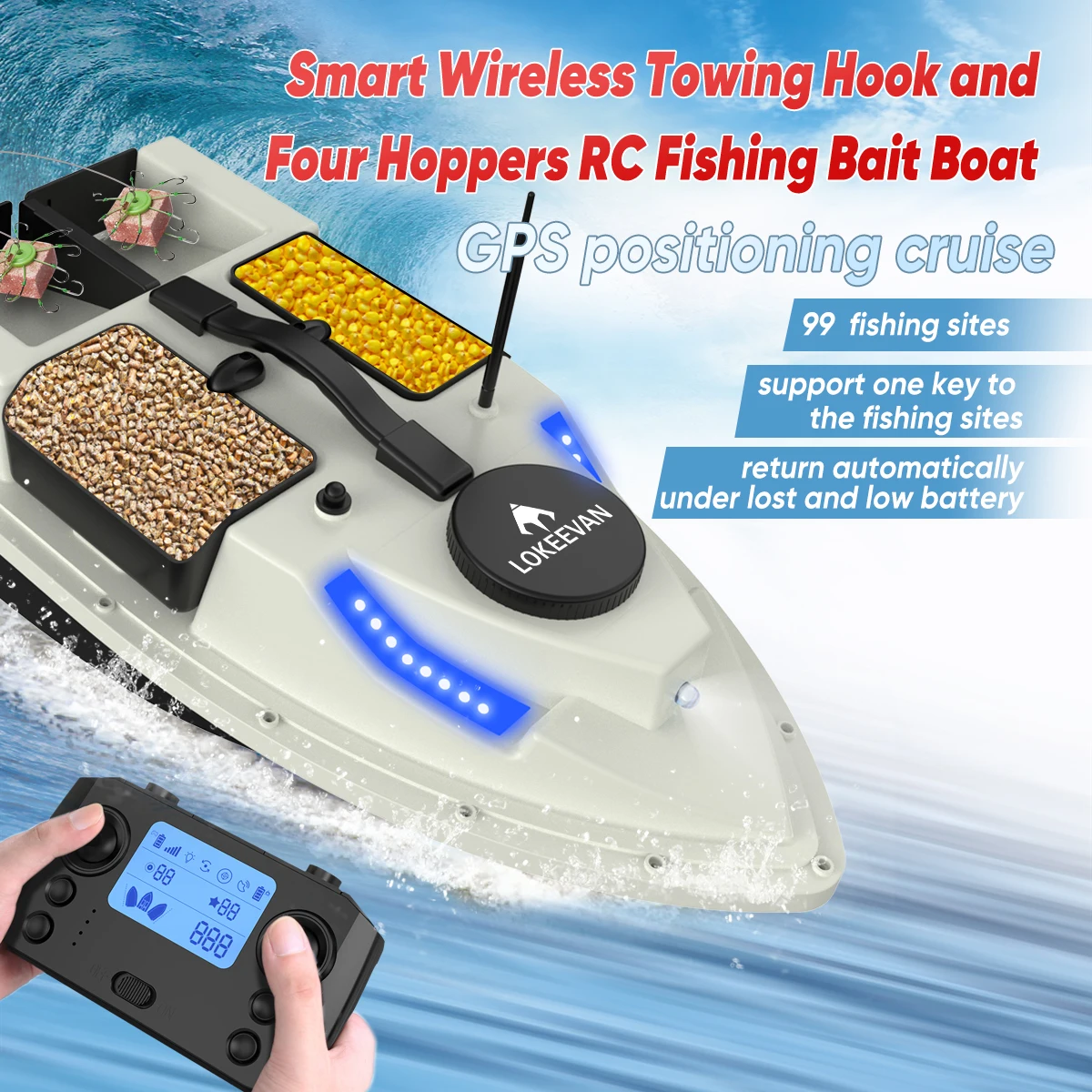 Bateau appât télécommandé GPS 12000 mAh 600m portée 4 cabines 2kg capacité pêche nocturne LED navigation