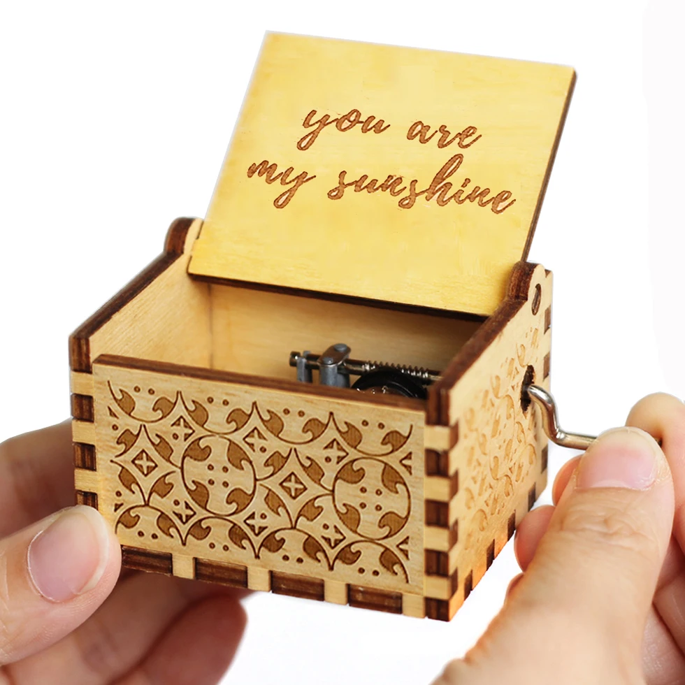 Music Box Antique Carved Wooden Hand Crank Music Box