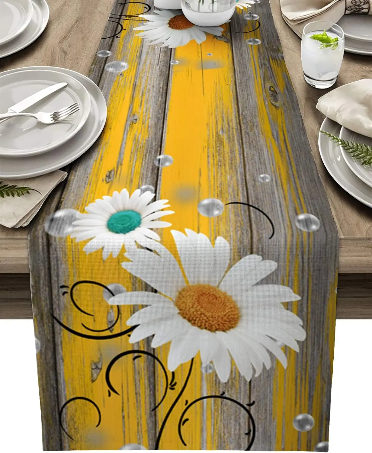 

Yellow Blue Green Wooden Daisy Linen Table Runner Dresser Scarves Farmhouse Kitchen Dining Table Runners Wedding Decorations