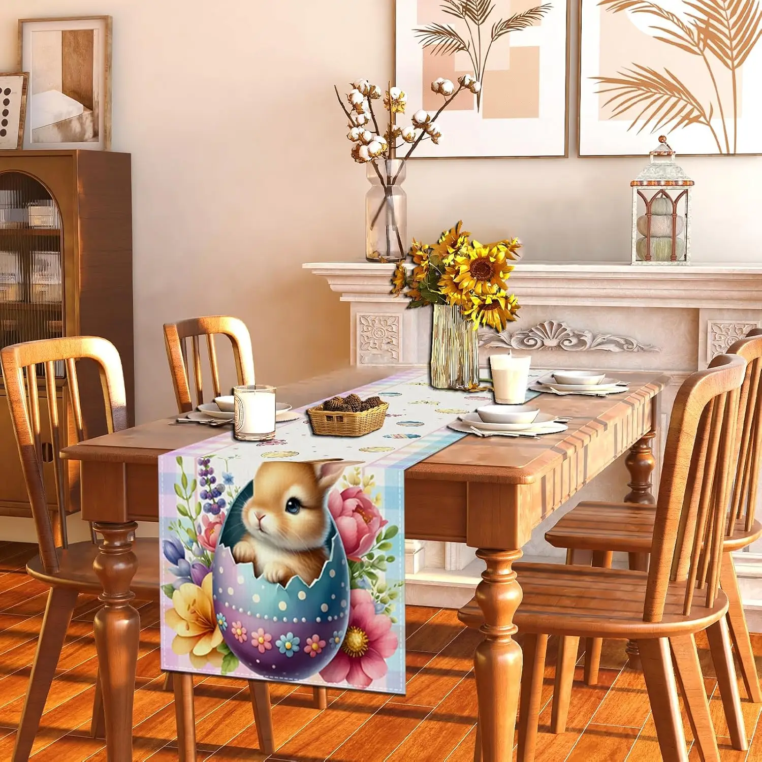 Happy Easter Bunny Eggs Linen Table Runner Holiday Party Decor Spring Watercolor Flowers Plaid Table Runners Dining Table Decor 5