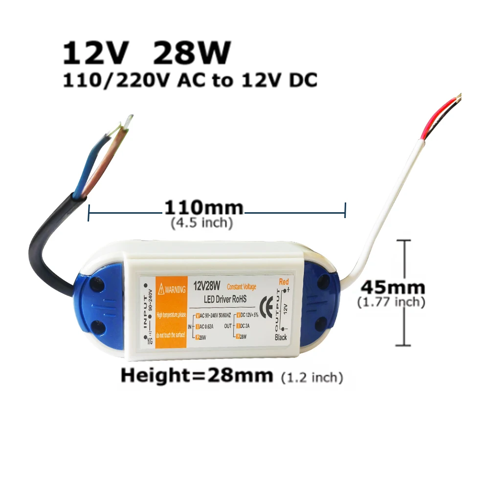 Universal 12V LED Driver Power Supply for LED Strip Lighting - 18W to 100W