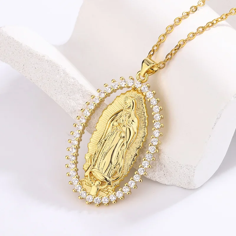 

European and American 18K Gold Religious Jewelry Set with Zircon Virgin Mary Pendant Necklace Jewelry