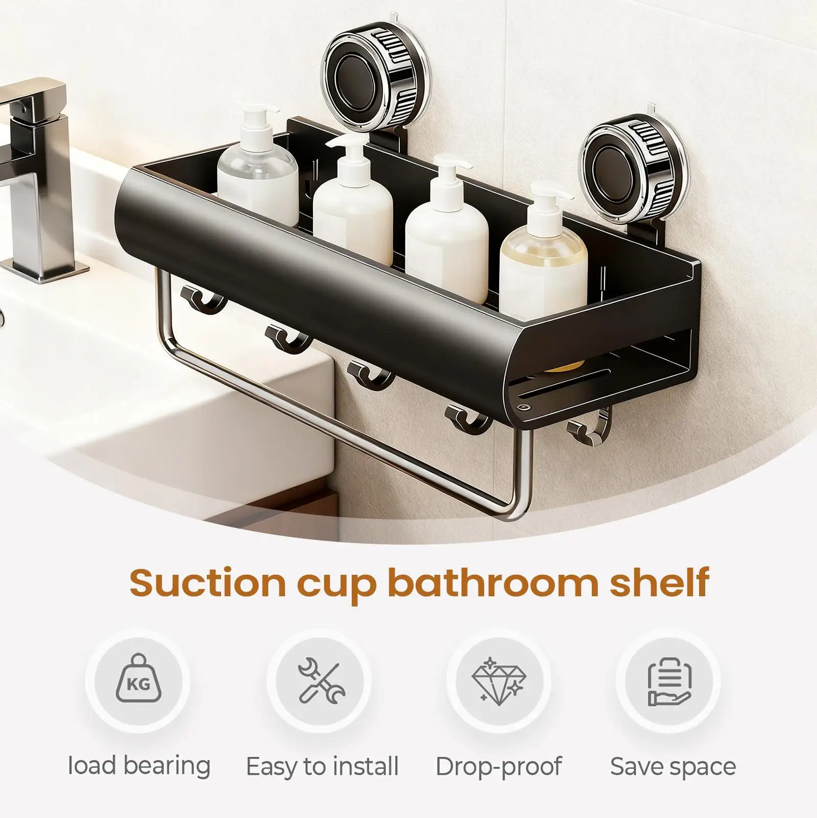 Suction Shower Shelf Anti-Slip Basket Wall Mount Suction Cup Storage Rack For Bathroom For Laundry Room Restroom Bedroom Kitchen