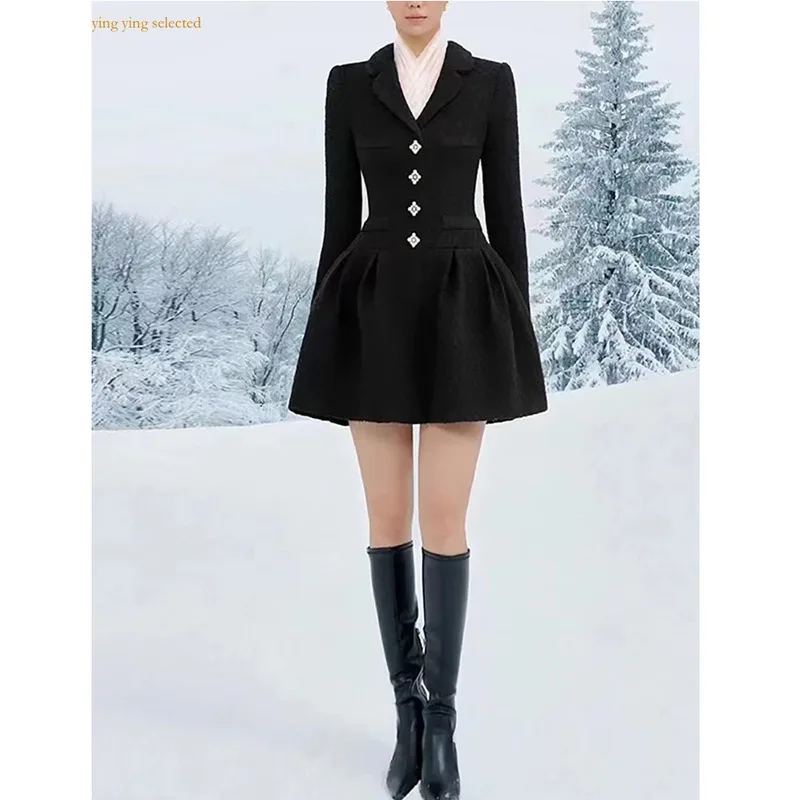 

Y-Y Women's Fashion Dress Tweed Notched Collar Long Sleeve Sing Waist Breasted Mini Elegant Dresses Valentine's Day Autumn New