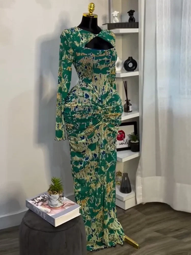 Wmstar Dresses Women  Wholesale  New Sweet and Floral Printed Hollowed Out Neckl Long Sleeved High Waisted Elegant Party Dress