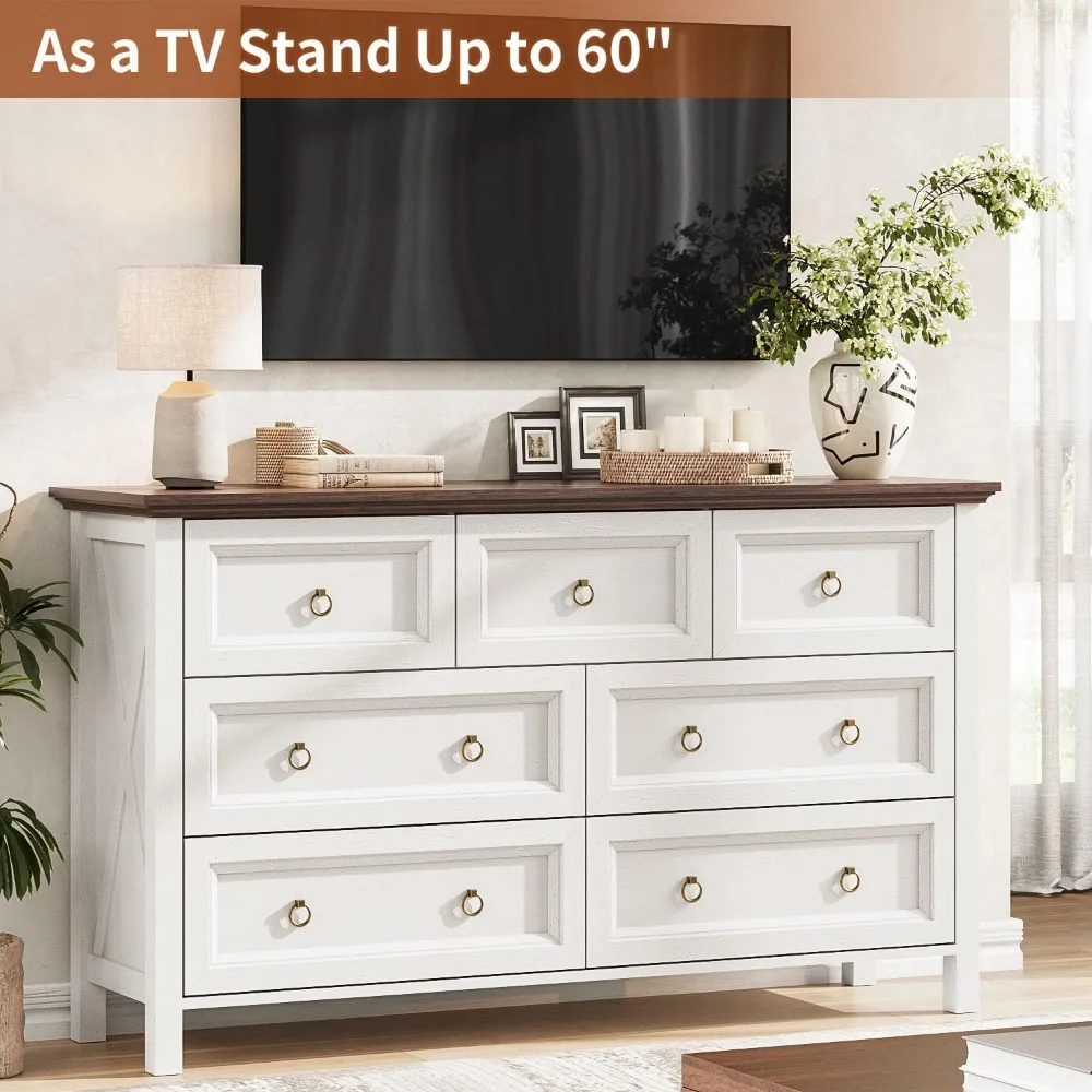 54'' Farmhouse 7 Drawer Dresser for Bedroom, Rustic White Dresser with Barn-Door Design, Spacious Tabletop & Round Brass Handles 4